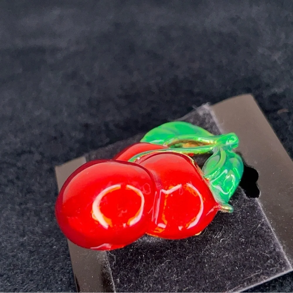Vintage Cherry Enamel Metal Brooch Pinup Retro Red Green Colorful  Rockabilly